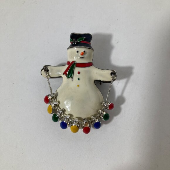 Enamel Snowman Holding String of Christmas Lights Brooch Pendant 2" White Red Gr - Picture 2 of 6